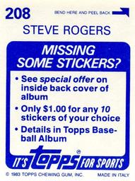 1983 Topps Stickers #208 Steve Rogers Back