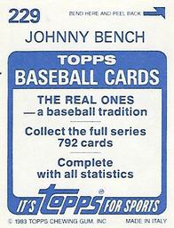 1983 Topps Stickers #229 Johnny Bench Back