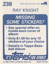 1983 Topps Stickers #238 Ray Knight Back