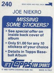 1983 Topps Stickers #240 Joe Niekro Back