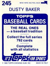 1983 Topps Stickers #245 Dusty Baker Back