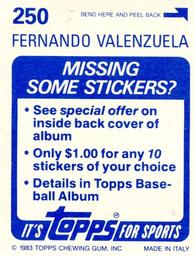 1983 Topps Stickers #250 Fernando Valenzuela Back