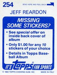1983 Topps Stickers #254 Jeff Reardon Back
