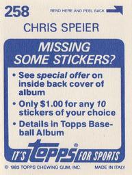 1983 Topps Stickers #258 Chris Speier Back