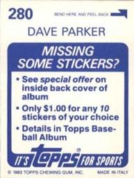 1983 Topps Stickers #280 Dave Parker Back