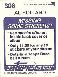1983 Topps Stickers #306 Al Holland Back
