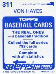 1983 Topps Stickers #311 Von Hayes Back