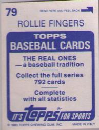1983 Topps Stickers #79 Rollie Fingers Back