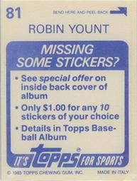1983 Topps Stickers #81 Robin Yount Back