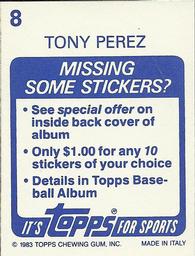 1983 Topps Stickers #8 Tony Perez Back
