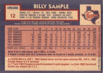 1984 O-Pee-Chee #12 Billy Sample Back