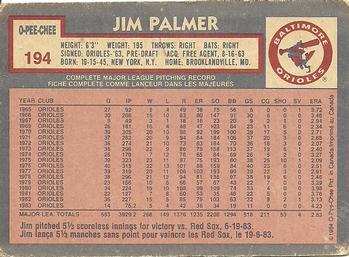 1984 O-Pee-Chee #194 Jim Palmer Back