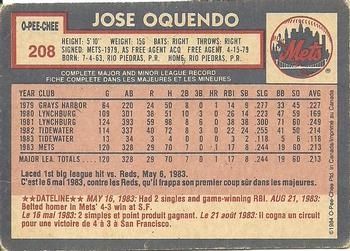 1984 O-Pee-Chee #208 Jose Oquendo Back