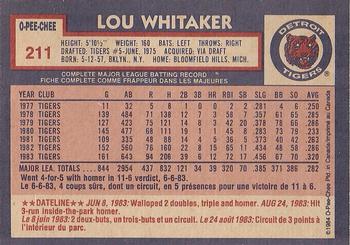 1984 O-Pee-Chee #211 Lou Whitaker Back