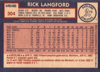 1984 O-Pee-Chee #304 Rick Langford Back