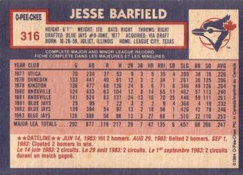 1984 O-Pee-Chee #316 Jesse Barfield Back