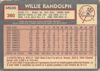 1984 O-Pee-Chee #360 Willie Randolph Back