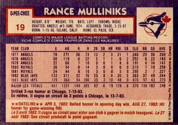 1984 O-Pee-Chee #19 Rance Mulliniks Back