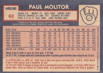1984 O-Pee-Chee #60 Paul Molitor Back