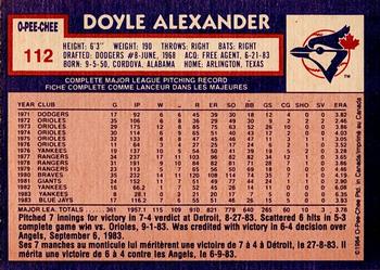 1984 O-Pee-Chee #112 Doyle Alexander Back