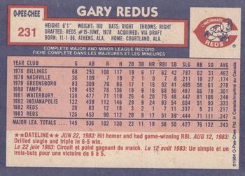 1984 O-Pee-Chee #231 Gary Redus Back