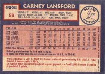 1984 O-Pee-Chee #59 Carney Lansford Back