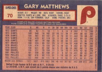 1984 O-Pee-Chee #70 Gary Matthews Back