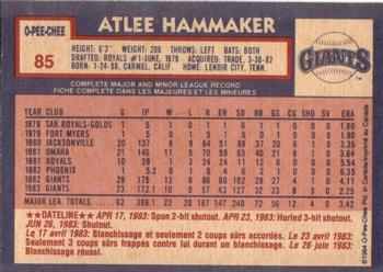 1984 O-Pee-Chee #85 Atlee Hammaker Back