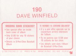 1984 O-Pee-Chee Stickers #190 Dave Winfield Back