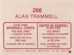 1984 O-Pee-Chee Stickers #266 Alan Trammell Back
