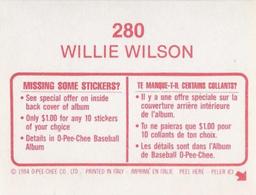 1984 O-Pee-Chee Stickers #280 Willie Wilson Back