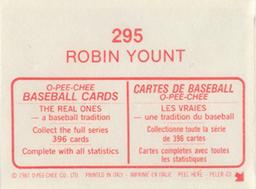 1984 O-Pee-Chee Stickers #295 Robin Yount Back