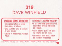 1984 O-Pee-Chee Stickers #319 Dave Winfield Back