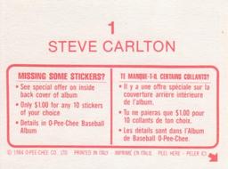 1984 O-Pee-Chee Stickers #1 Steve Carlton Back