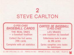 1984 O-Pee-Chee Stickers #2 Steve Carlton Back