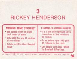 1984 O-Pee-Chee Stickers #3 Rickey Henderson Back