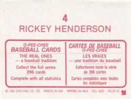 1984 O-Pee-Chee Stickers #4 Rickey Henderson Back