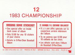 1984 O-Pee-Chee Stickers #12 1983 ALCS Back