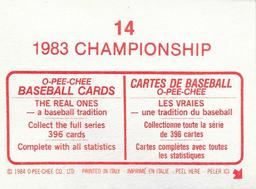 1984 O-Pee-Chee Stickers #14 1983 ALCS Back