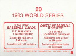 1984 O-Pee-Chee Stickers #20 1983 World Series Back
