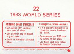 1984 O-Pee-Chee Stickers #22 1983 World Series Back