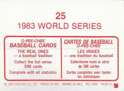 1984 O-Pee-Chee Stickers #25 1983 World Series Back