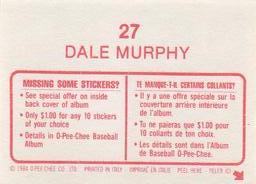 1984 O-Pee-Chee Stickers #27 Dale Murphy Back