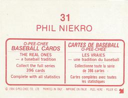 1984 O-Pee-Chee Stickers #31 Phil Niekro Back