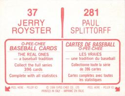 1984 O-Pee-Chee Stickers #37 / 281 Jerry Royster / Paul Splittorff Back
