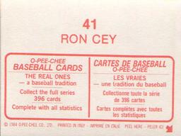 1984 O-Pee-Chee Stickers #41 Ron Cey Back