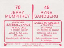 1984 O-Pee-Chee Stickers #45 / 70 Ryne Sandberg / Jerry Mumphrey Back