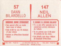 1984 O-Pee-Chee Stickers #57 / 147 Dann Bilardello / Neil Allen Back