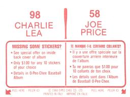 1984 O-Pee-Chee Stickers #58 / 98 Joe Price / Charlie Lea Back