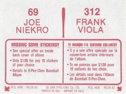 1984 O-Pee-Chee Stickers #69 / 312 Joe Niekro / Frank Viola Back